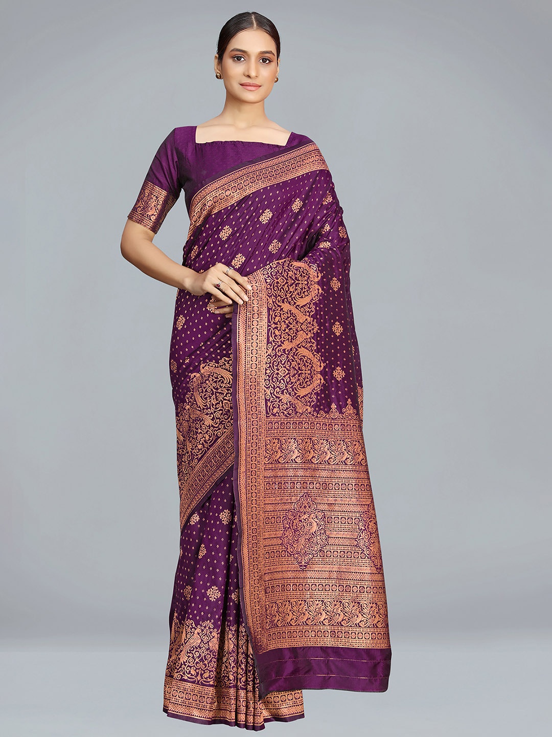 

MONJOLIKA FASHION Woven Design Zari Silk Blend Banarasi Saree, Purple