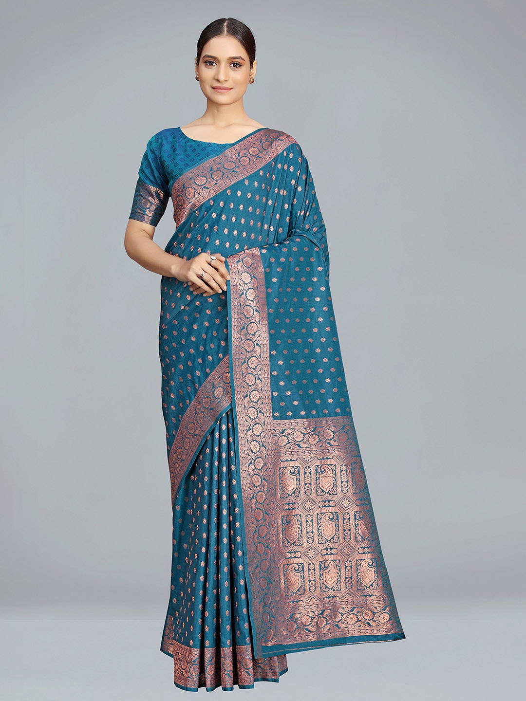 

MONJOLIKA FASHION Ethnic Motifs Woven Design Silk Blend Banarasi Saree, Blue