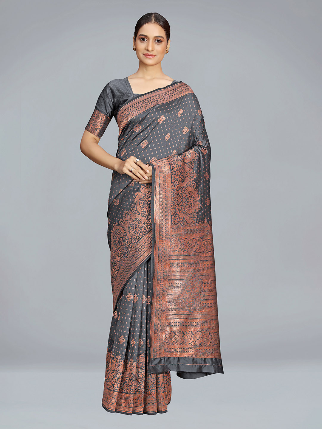 

MONJOLIKA FASHION Ethnic Motifs Woven Design Silk Blend Banarasi Saree, Grey