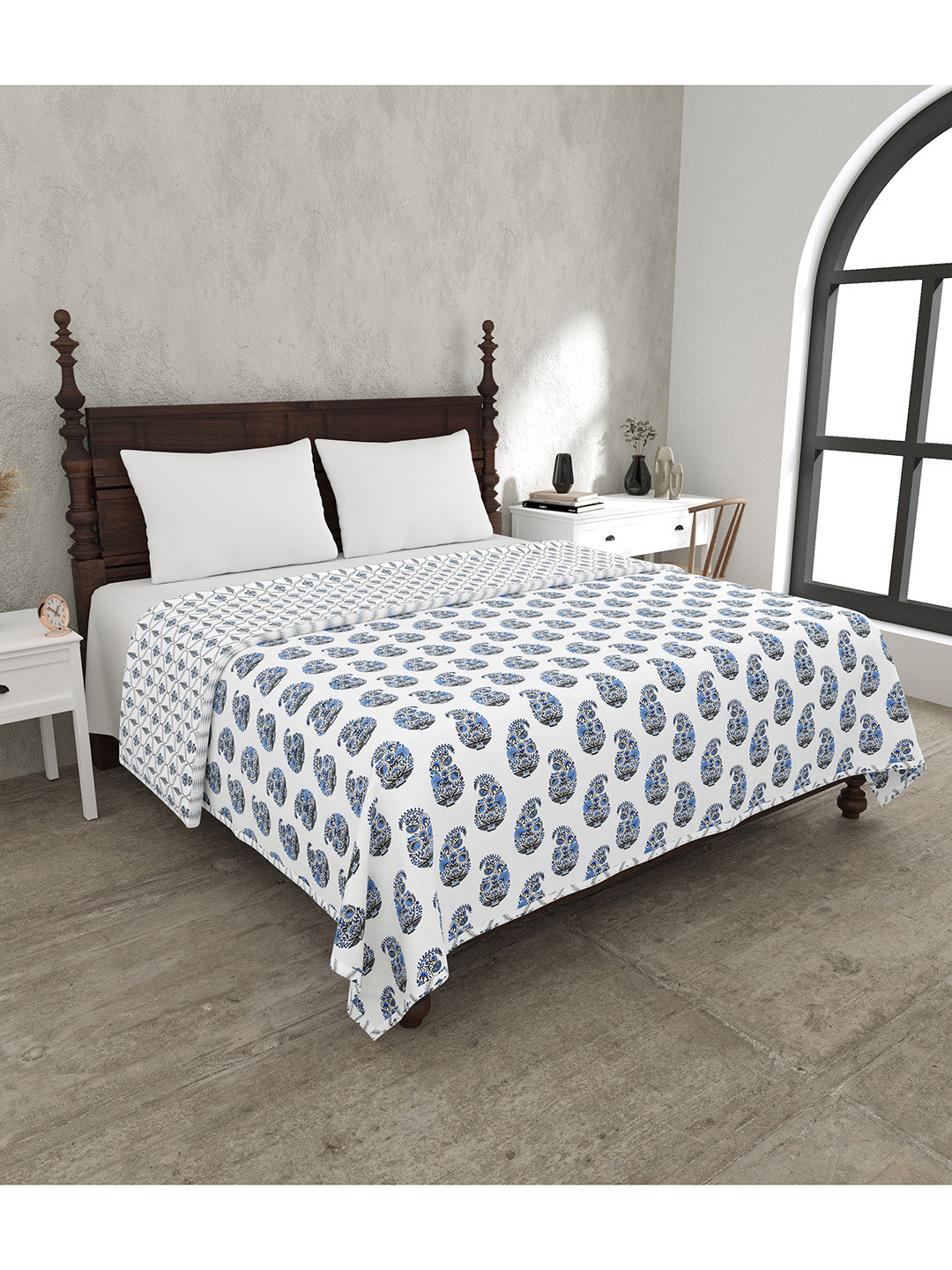 

JAIPUR FABRIC White & Blue Mild Winter 120 GSM Pure Cotton Double Bed Dohar