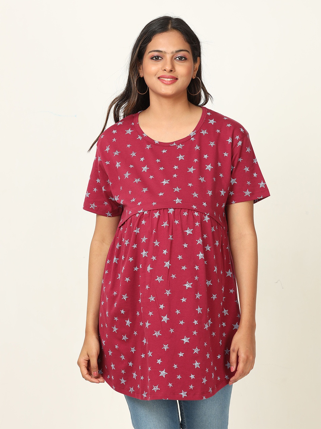 

9shines Label Conversational Printed Maternity Cotton Longline A-Line Top, Maroon