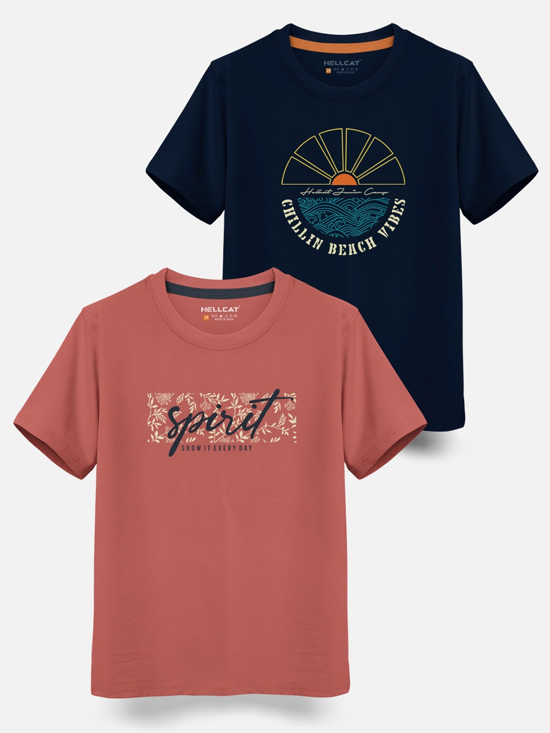 

HELLCAT Boys Pack of 2 Typography Printed Cotton T-shirt, Navy blue