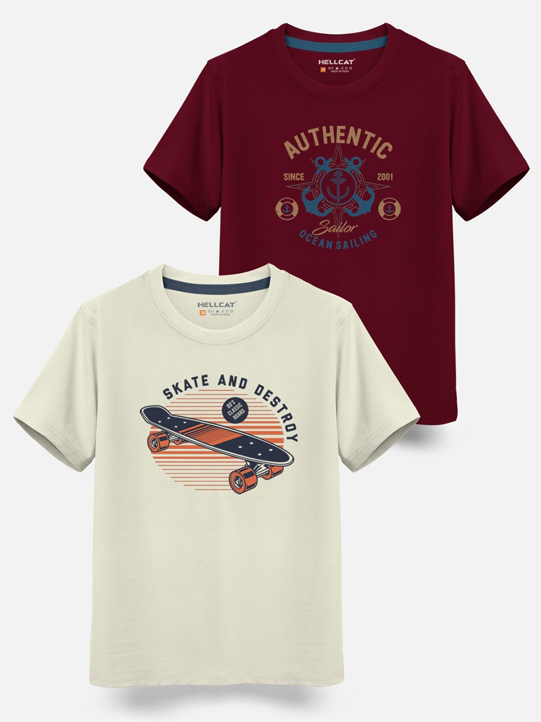 

HELLCAT Boys Pack Of 2 Graphic Printed Cotton T-shirt, Burgundy