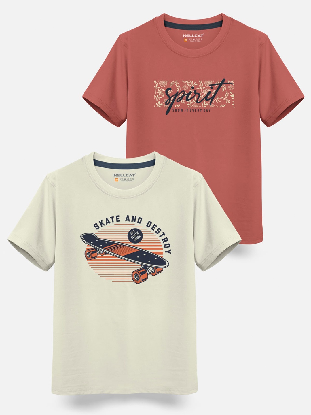 

HELLCAT Boys Pack Of 2 Typography Printed Cotton T-shirt, Beige