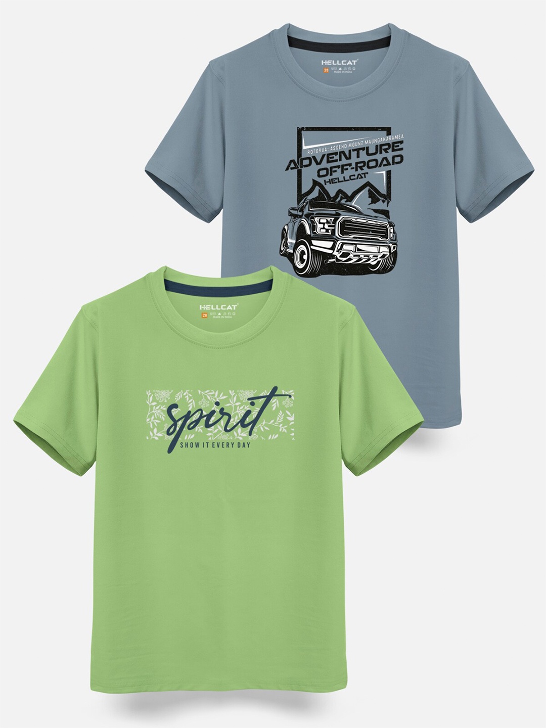 

HELLCAT Boys Pack Of 2 Typography Printed Cotton T-shirt, Green