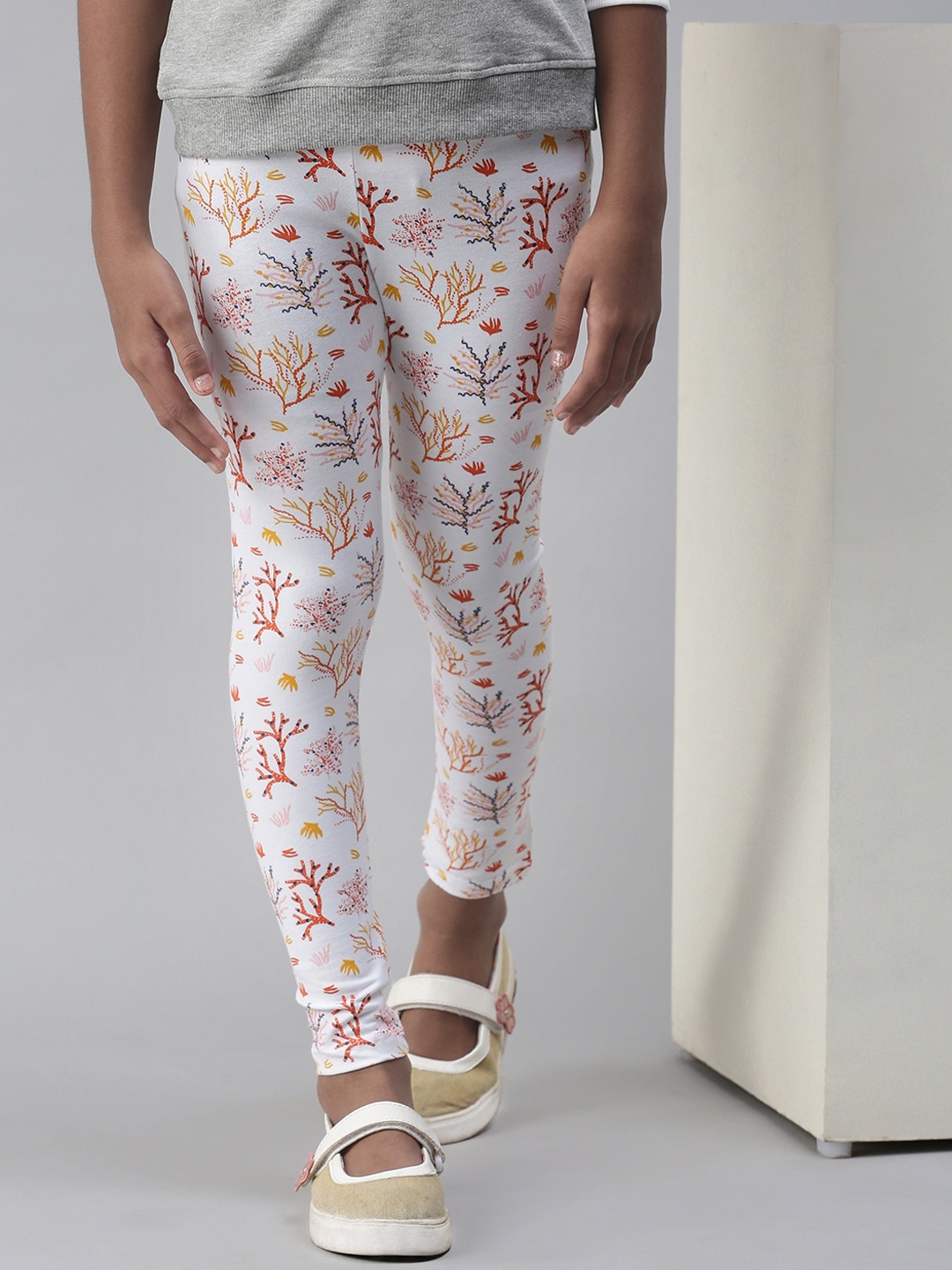 

De Moza Girls Printed Ankle Length Cotton Leggings, White