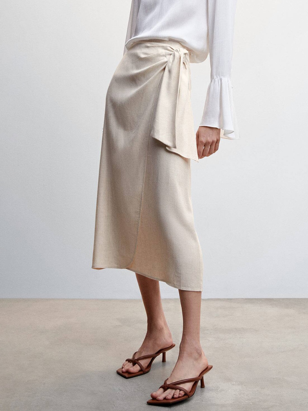 

MANGO Knot Detail Cotton Midi Skirt, Cream