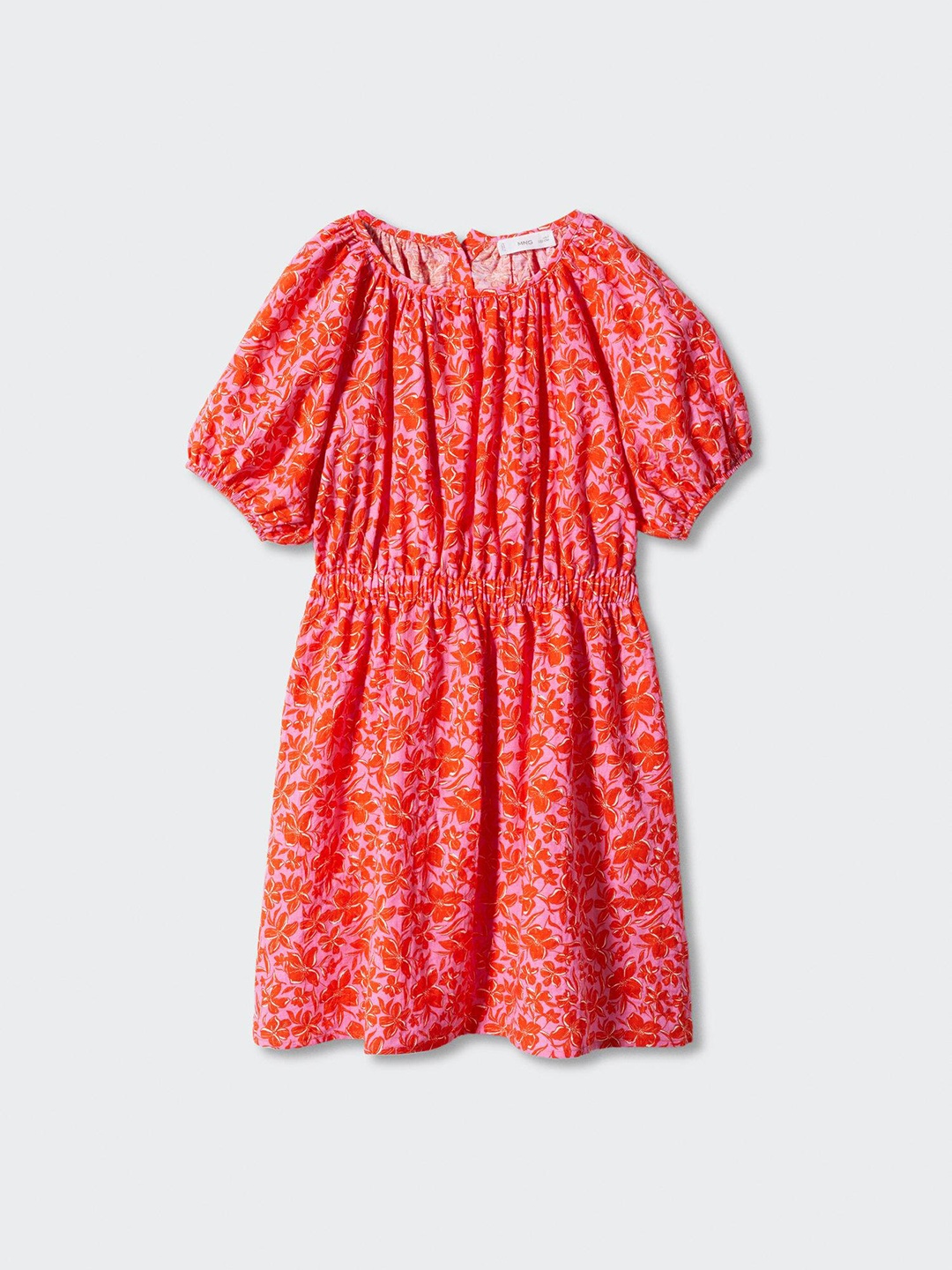 

Mango Kids Girls Floral Print Puff Sleeve A-Line Waisted Dress, Pink