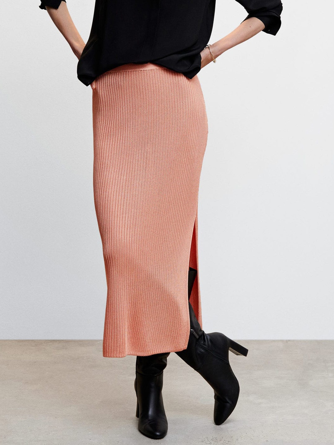 

MANGO Solid Slit Sustainable Straight Midi Skirt, Peach