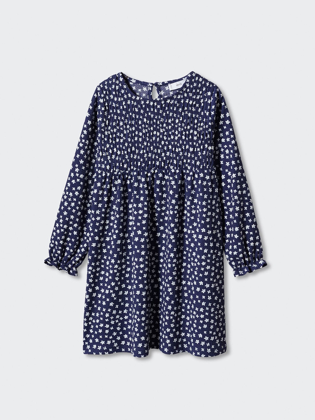 

Mango Kids Girls Floral Printed Gathered Detail Sustainable Fit & Flare Dress, Navy blue