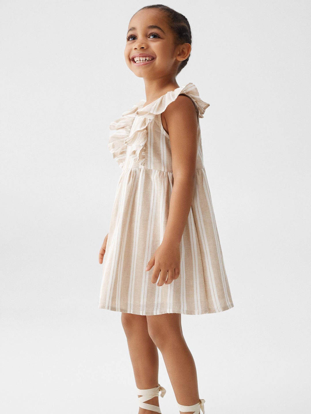 

Mango Kids Girls Striped Ruffled Detail A-Line Mini Dress, Beige