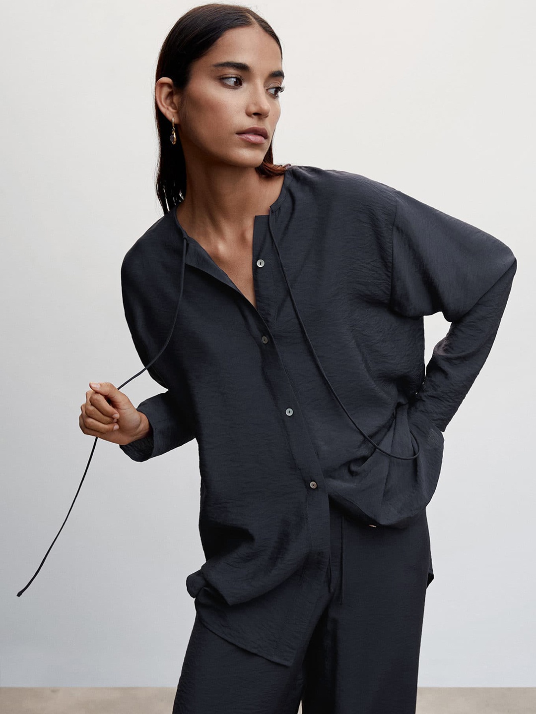 

MANGO Textured Tie-Up Neck Cotton Casual Shirt, Navy blue
