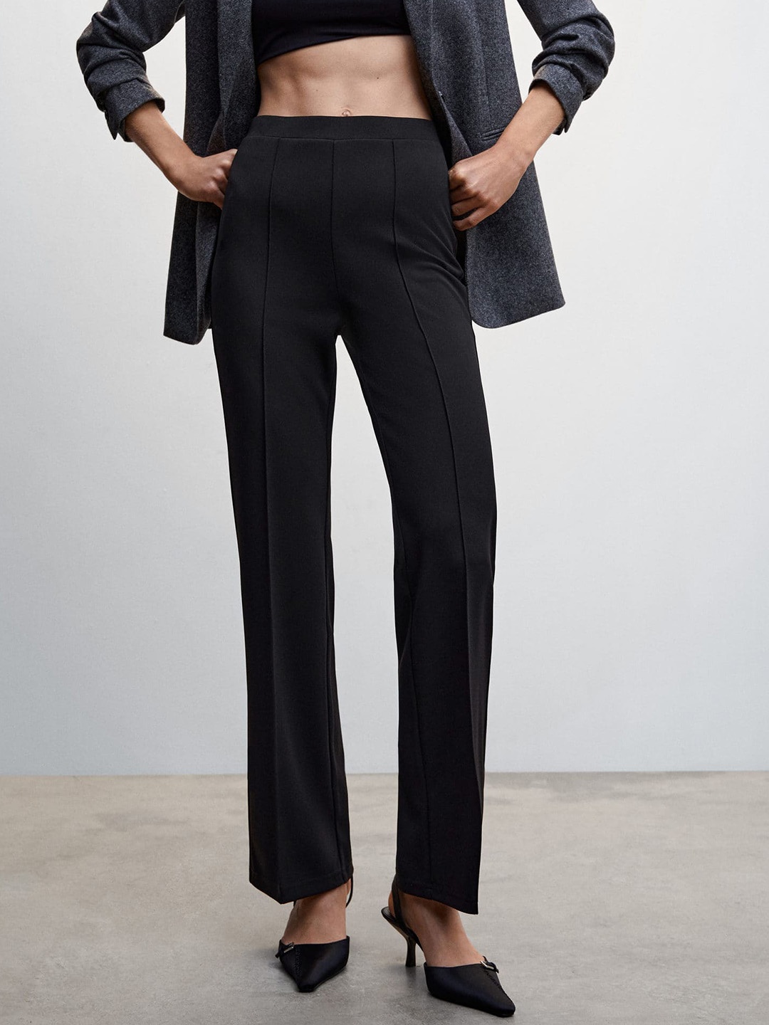 

MANGO Women Solid High-Rise Parallel Trousers, Black