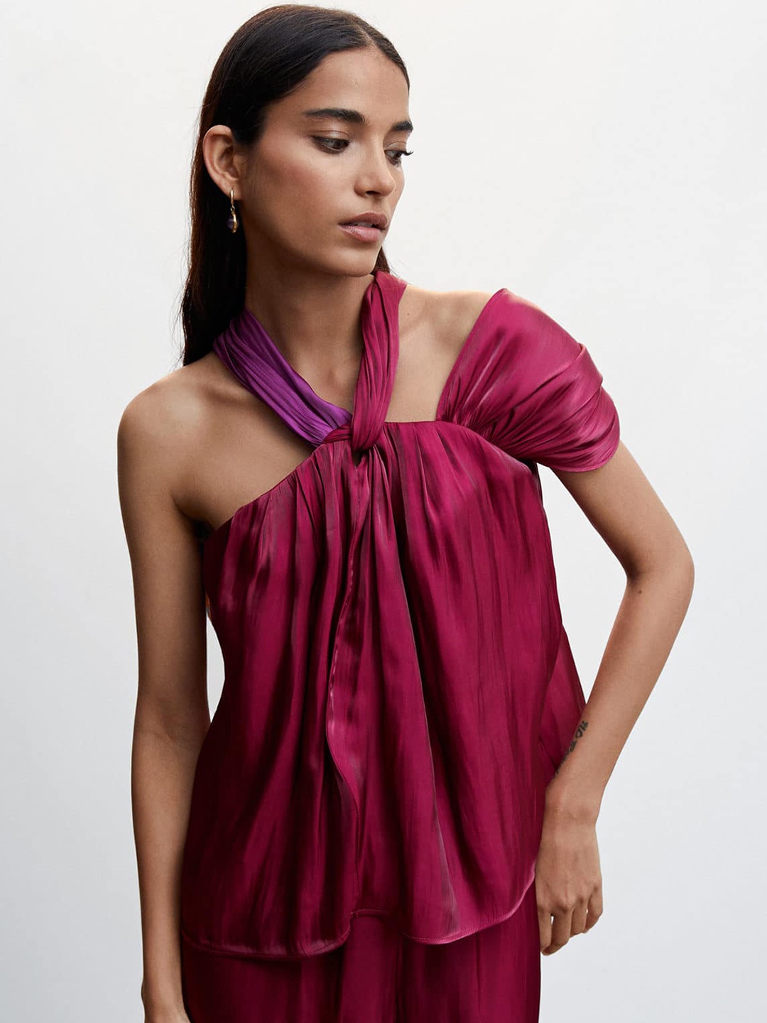 

MANGO Asymmetric Gathered Detail Satin Finish Top, Pink