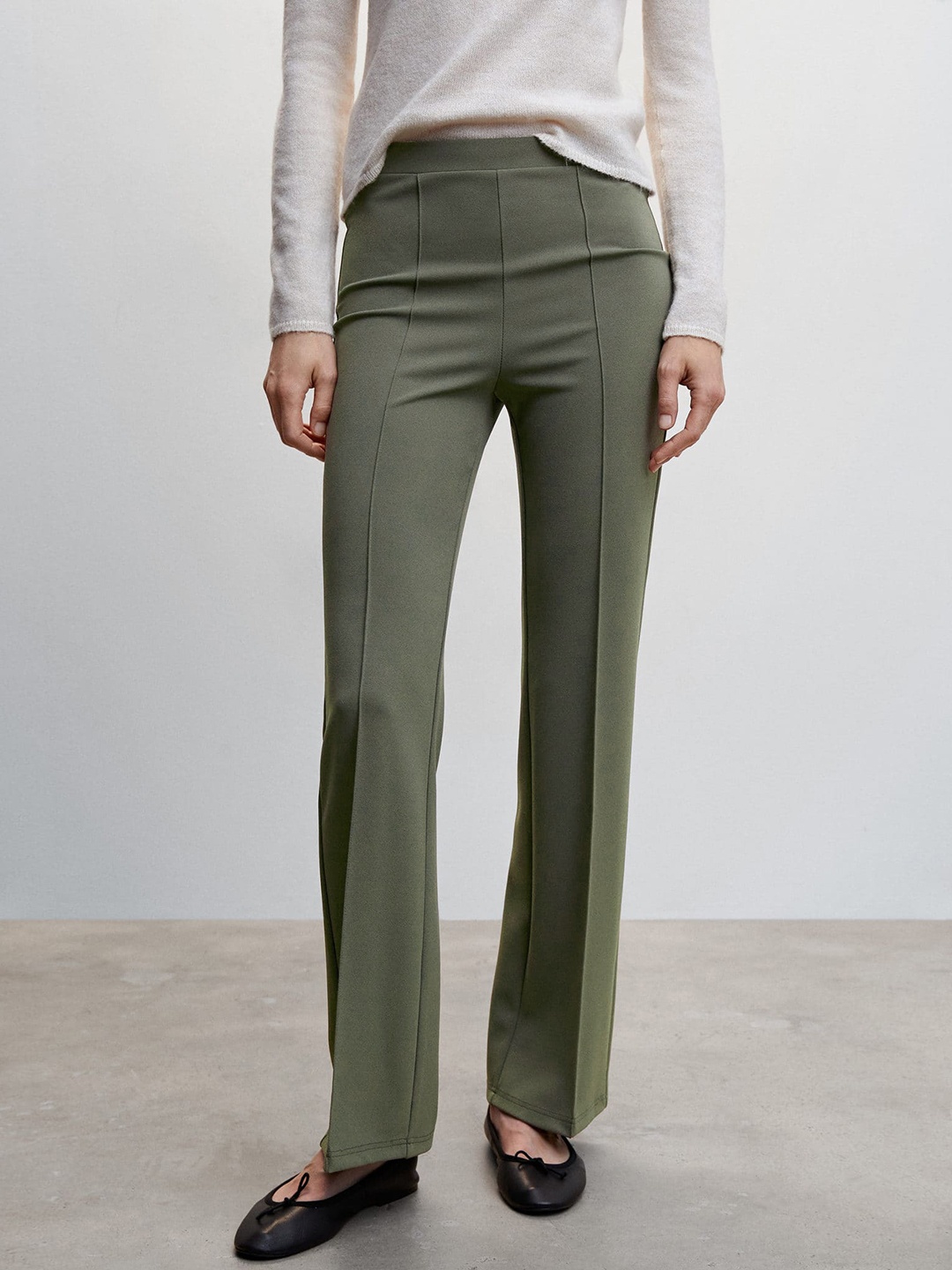 

MANGO Women Olive Green High-Rise Trousers