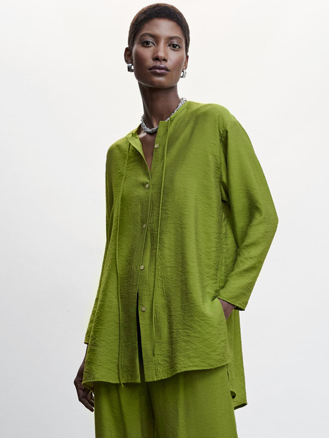 

MANGO Longline Shirt with Tie-Up Neckline, Green