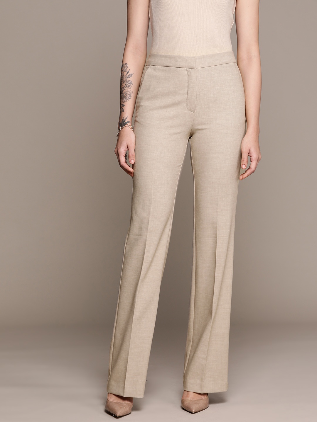 

MANGO Women Pure Cotton High-Rise Parallel Trousers, Taupe