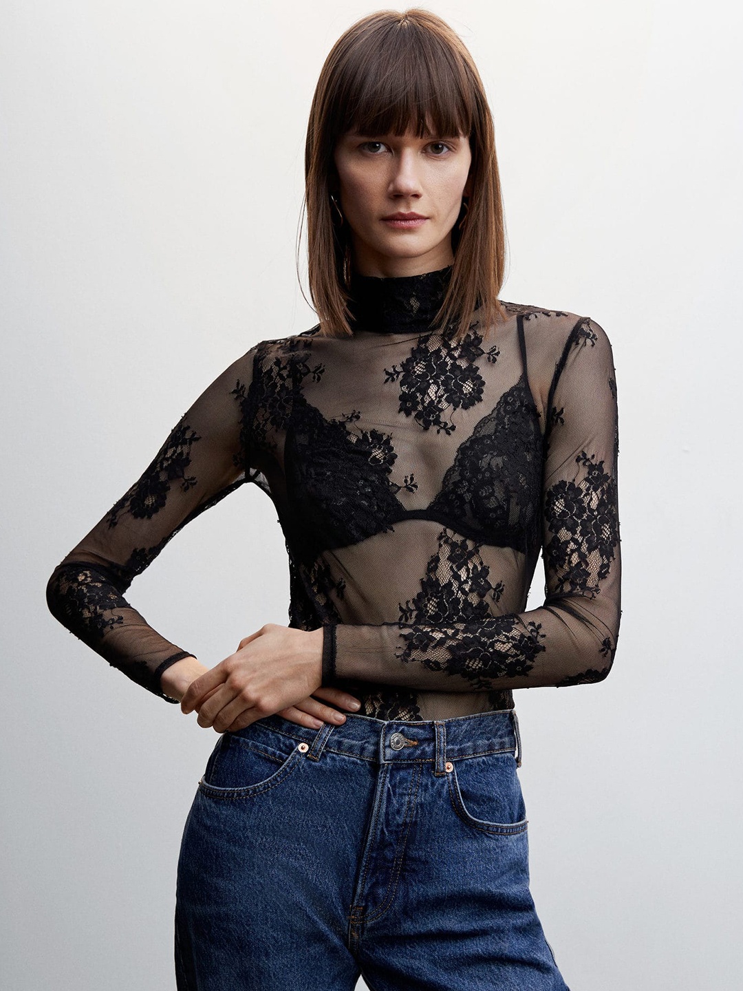

MANGO High Neck Floral Lace Sheer Top, Black