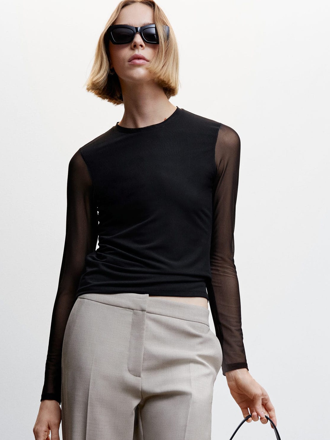 

MANGO Sheer Panels Top, Black