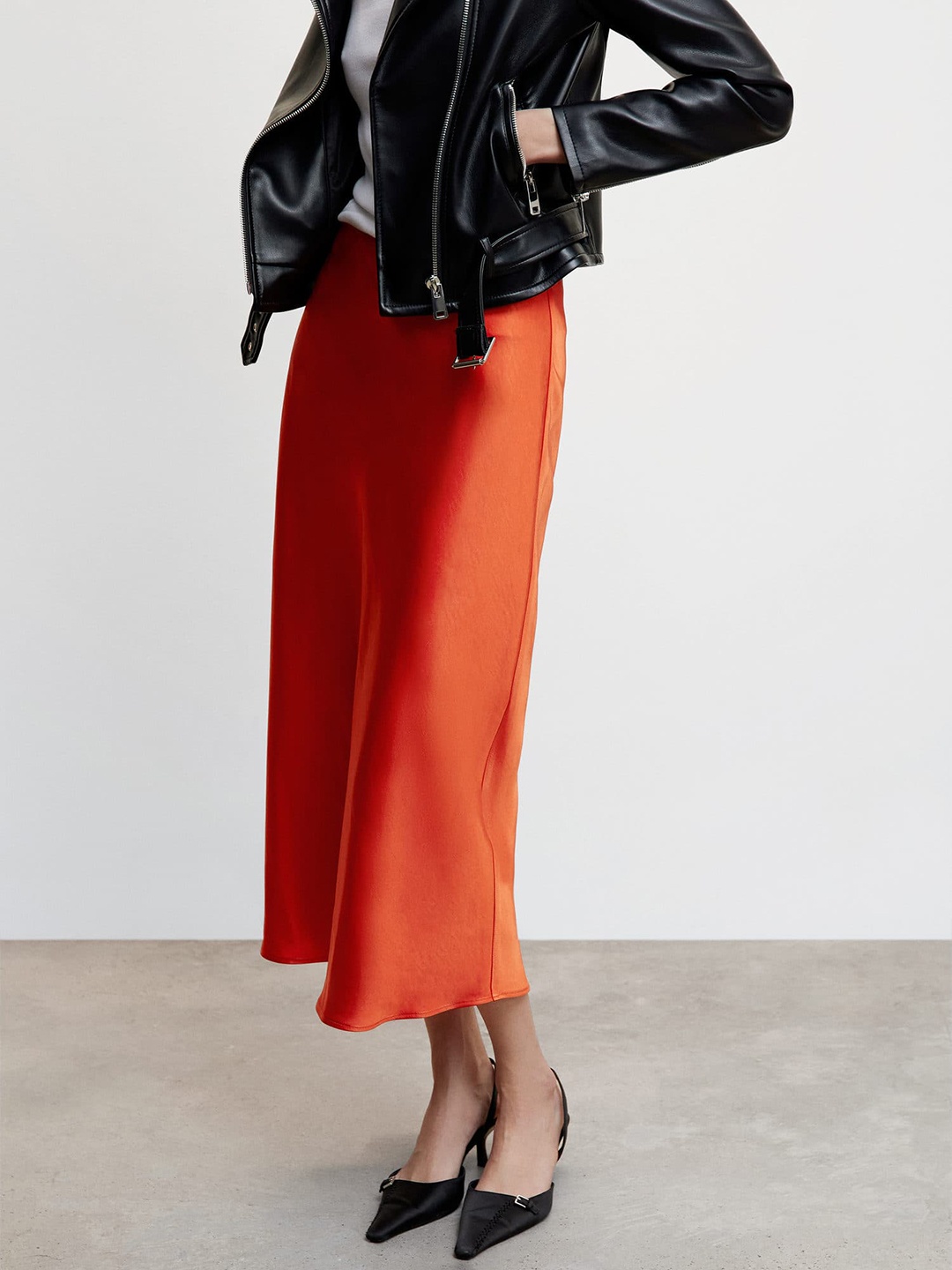

MANGO Satin Midi A-Line Skirt, Orange