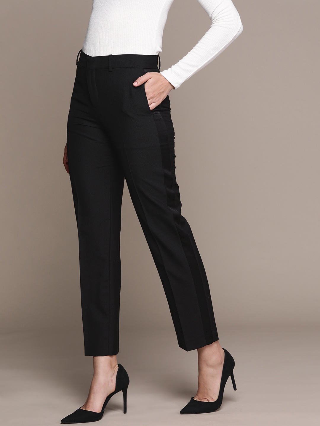 

MANGO Women Satin Finish Detail High-Rise Formal Trousers, Black