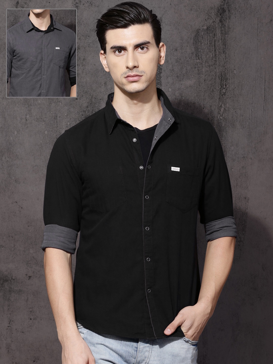 

Roadster Men Black & Grey Regular Fit Solid Reversible Casual Shirt