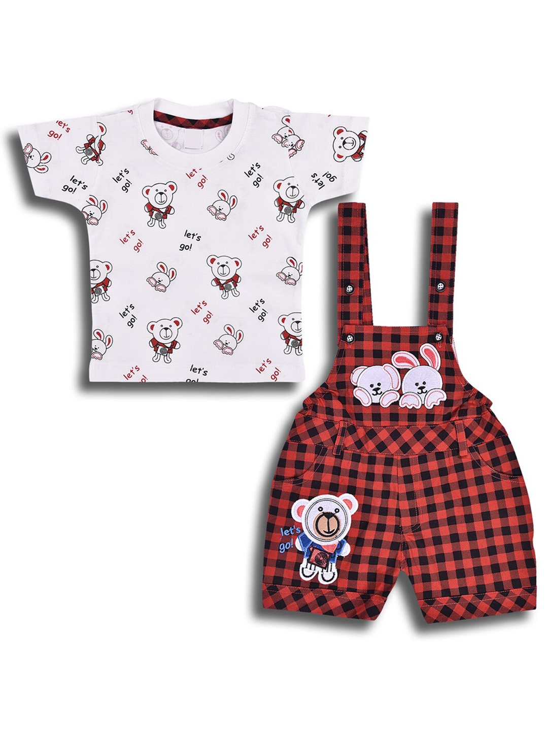 

Wish Karo Boys Printed T-shirt With Checked Dungaree Set, Maroon