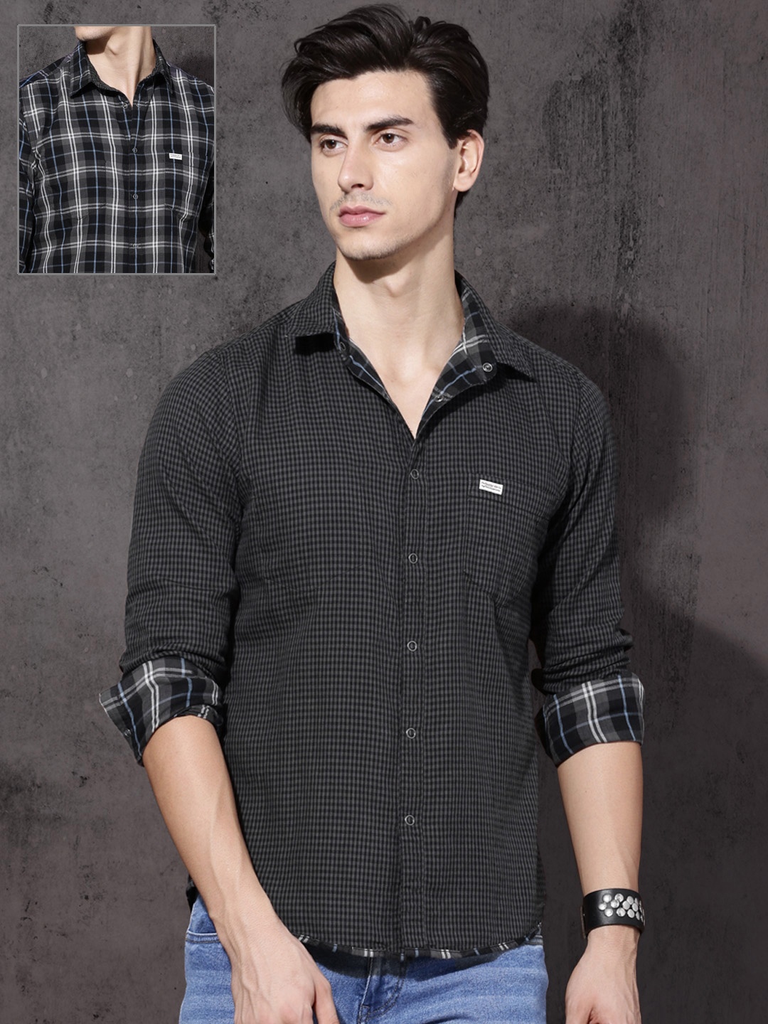

Roadster Men Black & Grey Reversible Checked Sustainable Casual Shirt