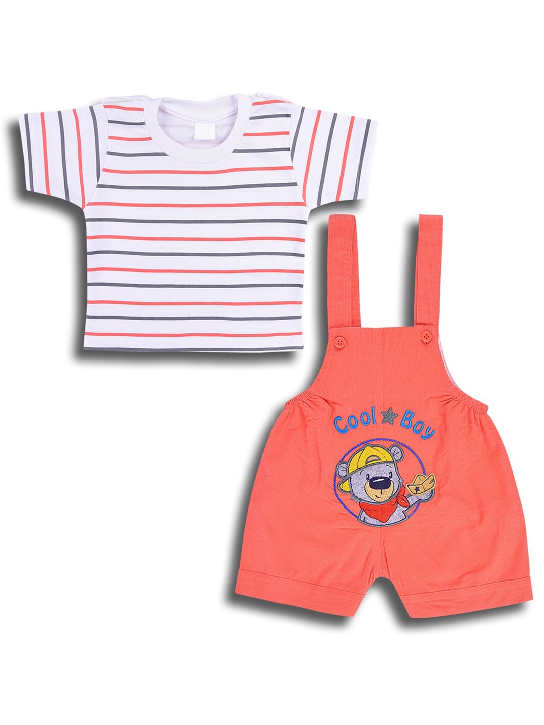 

Wish Karo Boys Striped T-shirt With Dungaree Set, Orange