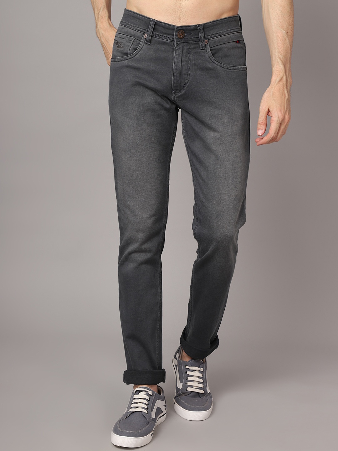 

Cantabil Men Low Rise Clean Look Light Fade Stretchable Cotton Jeans, Grey