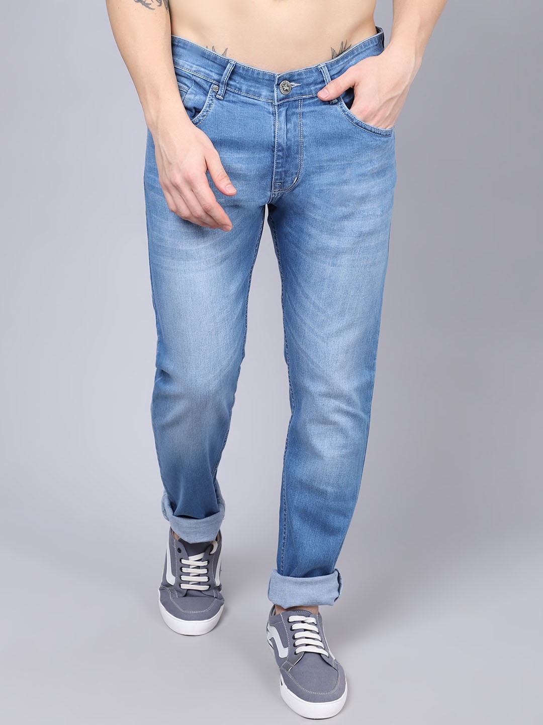 

Cantabil Men Low Rise Clean Look Light Fade Stretchable Cotton Jeans, Blue