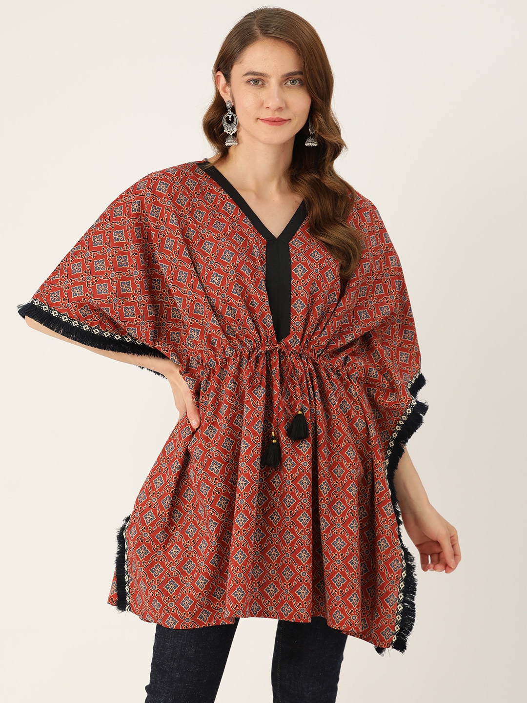 

Jaipur Morni Ethnic Motifs Printed V-Neck Flared Sleeves Pure Cotton Pleated Kaftan Kurti, Maroon