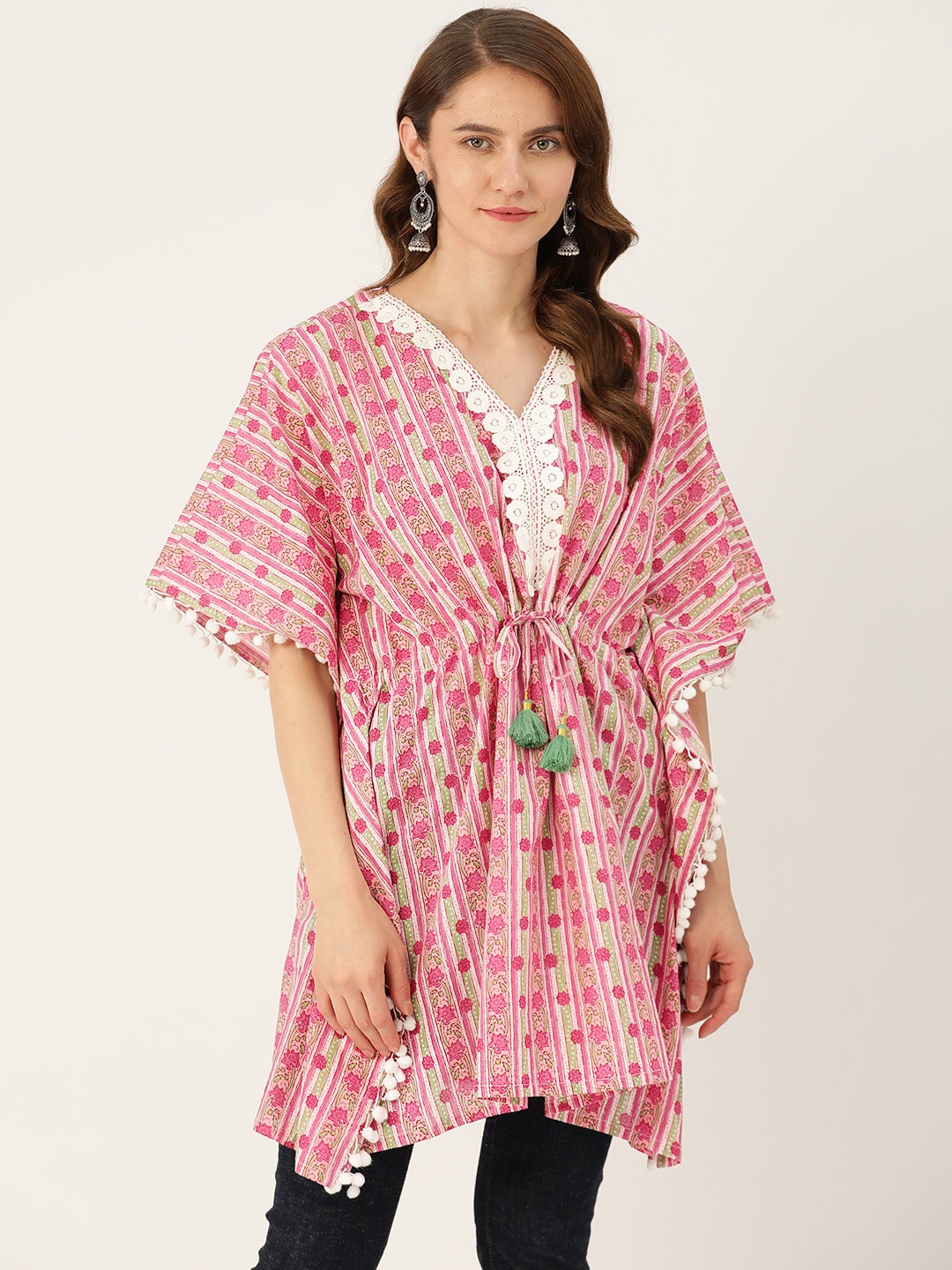 

Jaipur Morni Floral Printed V-Neck Flared Sleeves Pure Cotton Pleated Kaftan Kurti, Pink