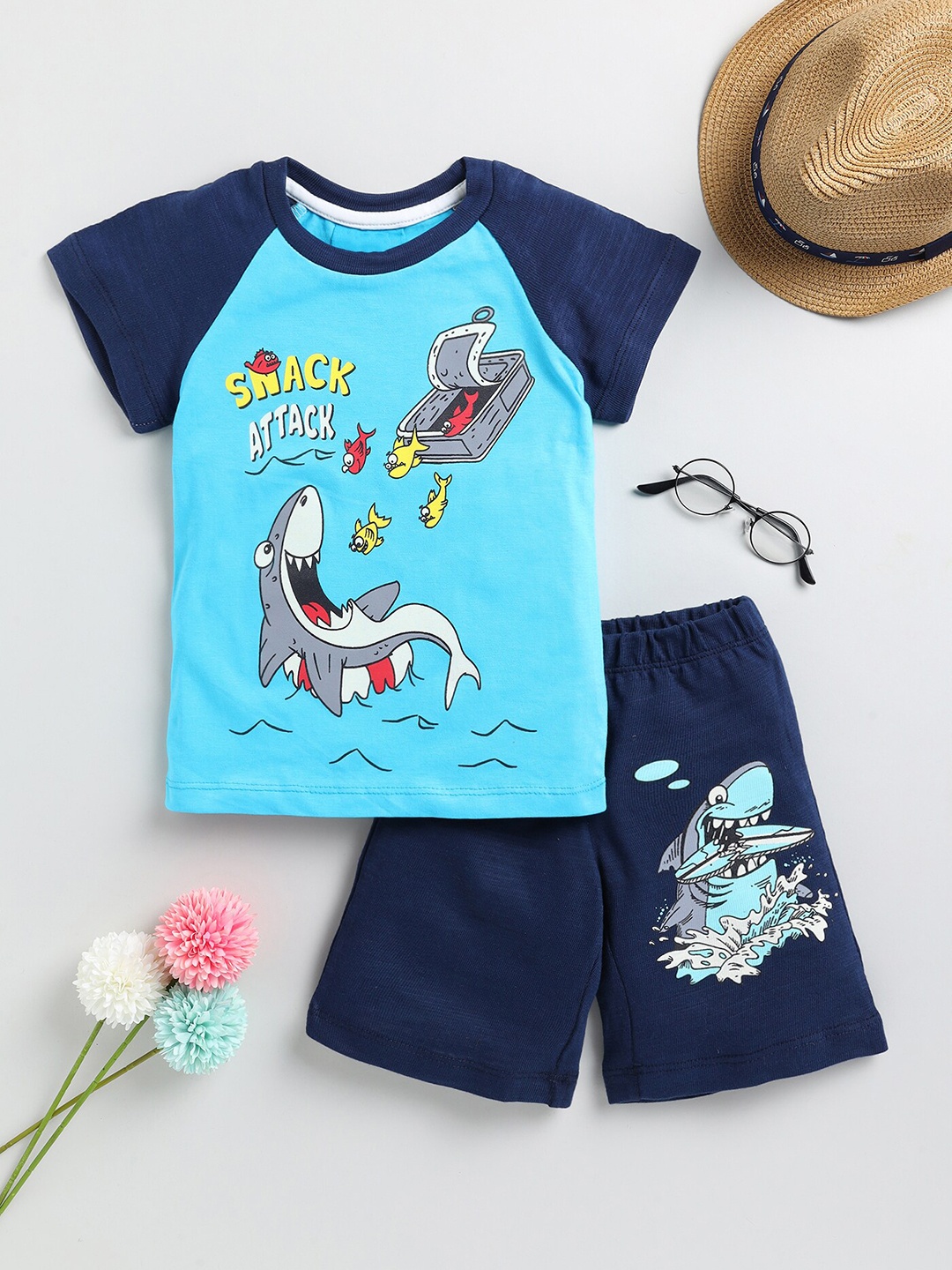 

YK Boys Graphic Printed Round Neck Pure Cotton T-shirt With Shorts, Turquoise blue