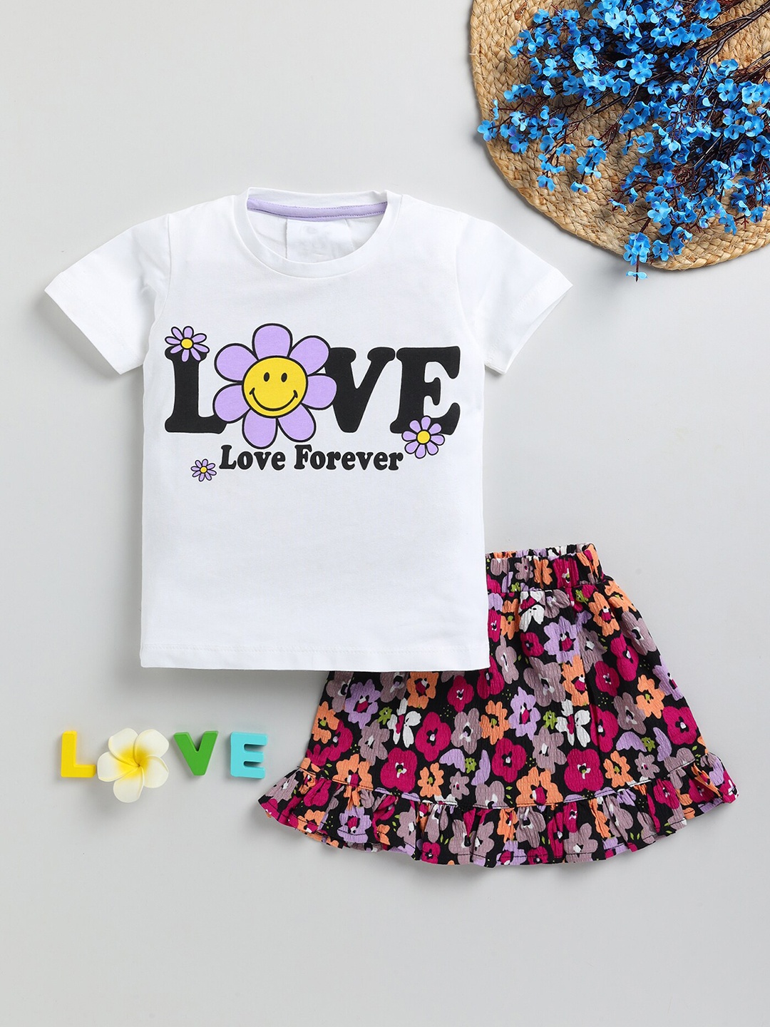 

YK Girls Floral Printed Round Neck Cotton T-shirt With Skirts, White