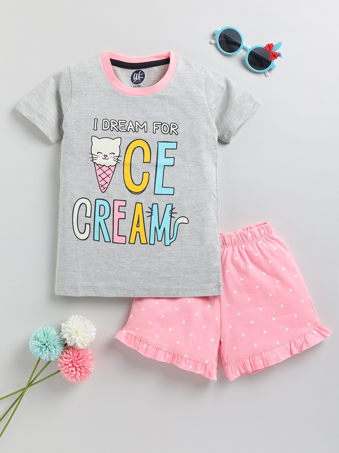 

YK Girls Graphic Printed Round Neck Pure Cotton T-shirt With Shorts, Grey