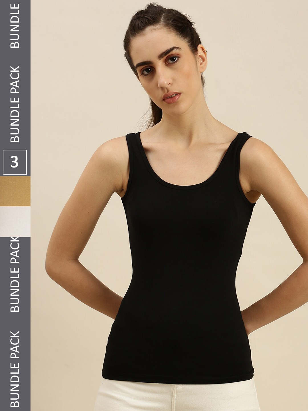 

De Moza Women Pack Of 3 Non Padded Cotton Lycra Camisoles, Black