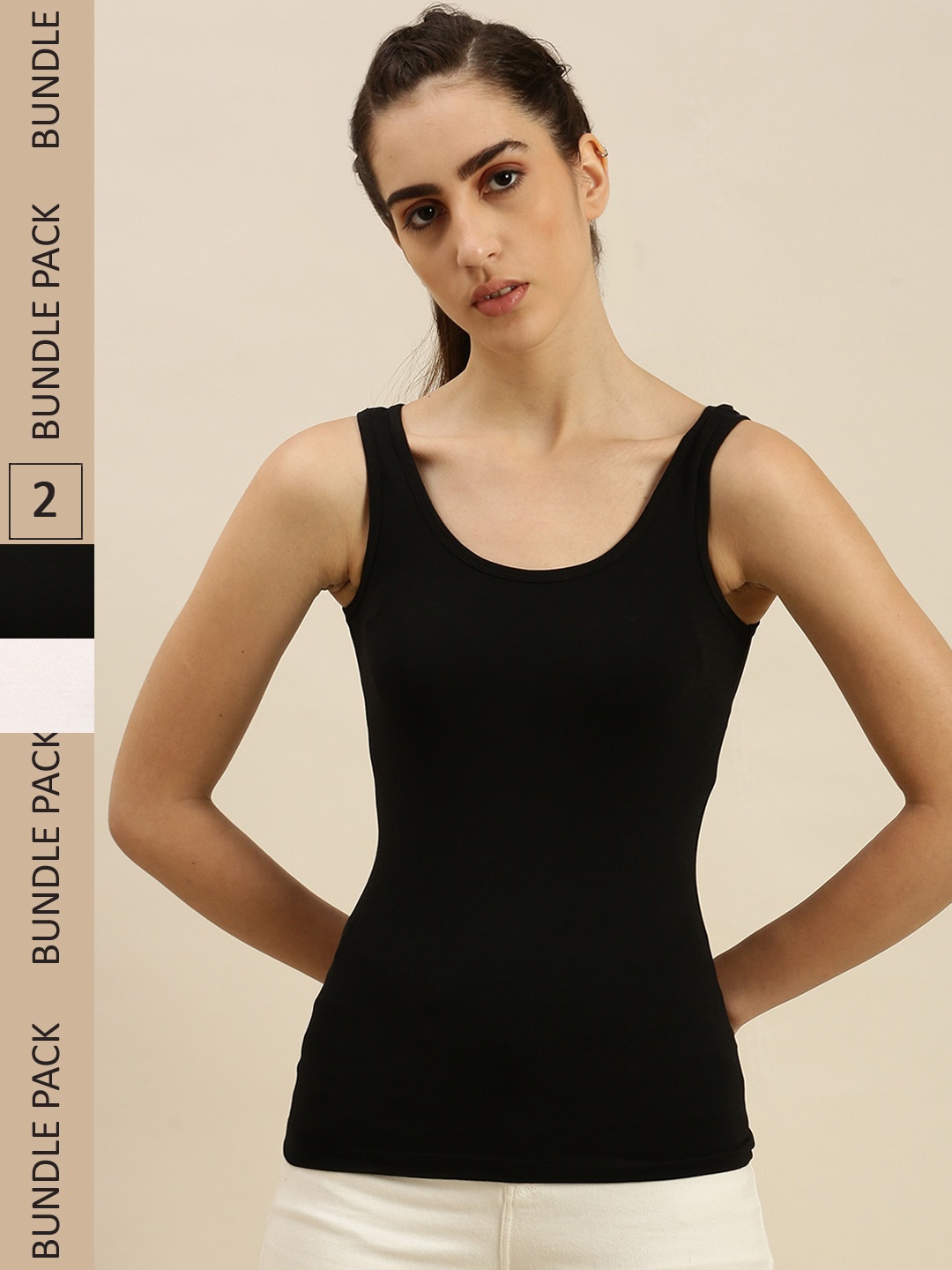 

De Moza Women Pack Of 2 Non Padded Cotton Lycra Camisoles, Black