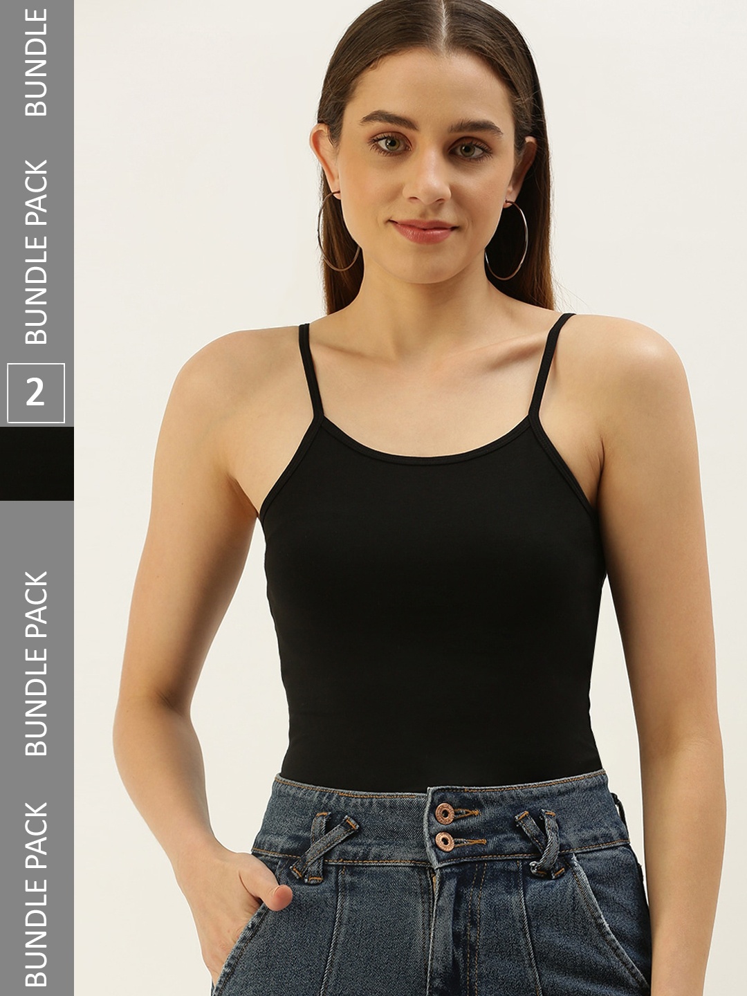 

De Moza Women Pack Of 2 Non Padded Cotton Lycra Camisoles, Black
