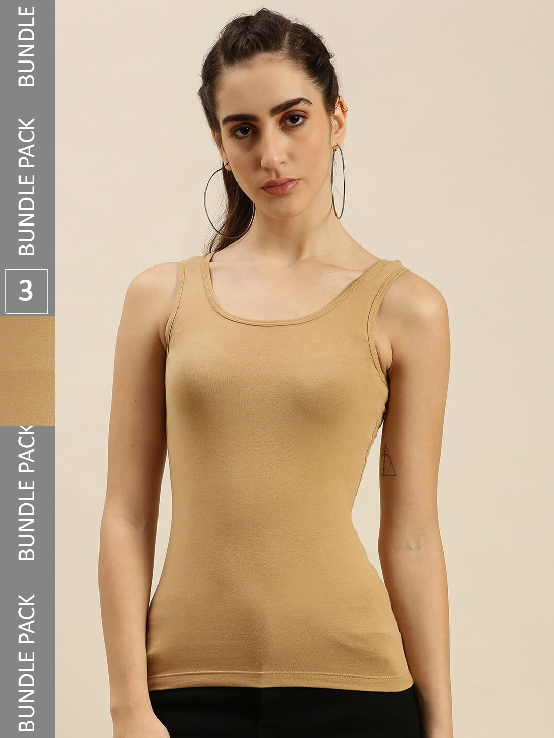 

De Moza Women Pack Of 3 Non Padded Cotton Lycra Camisoles, Beige