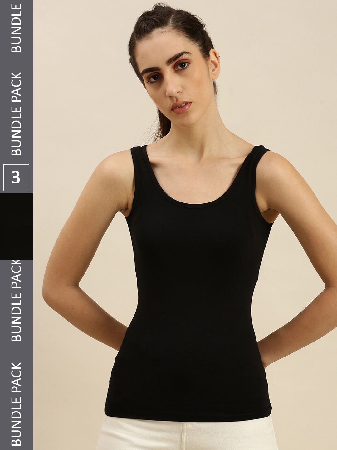 

De Moza Women Pack Of 3 Non Padded Cotton Lycra Camisoles, Black