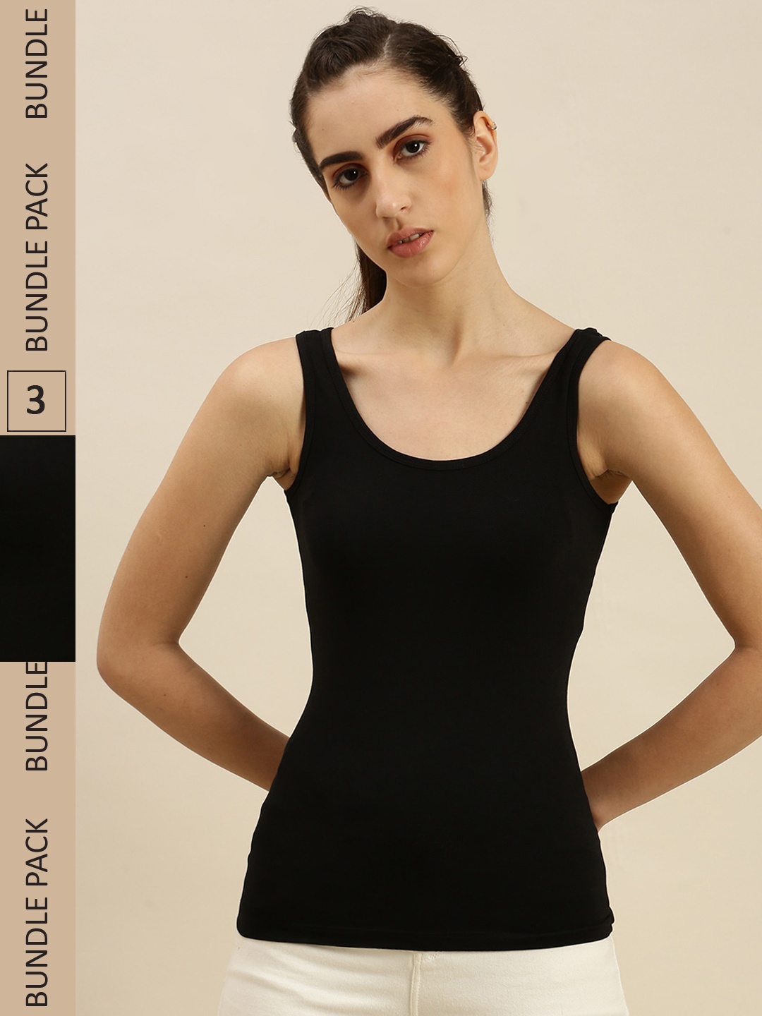 

De Moza Women Pack Of 3 Non Padded Cotton Lycra Camisoles, Black