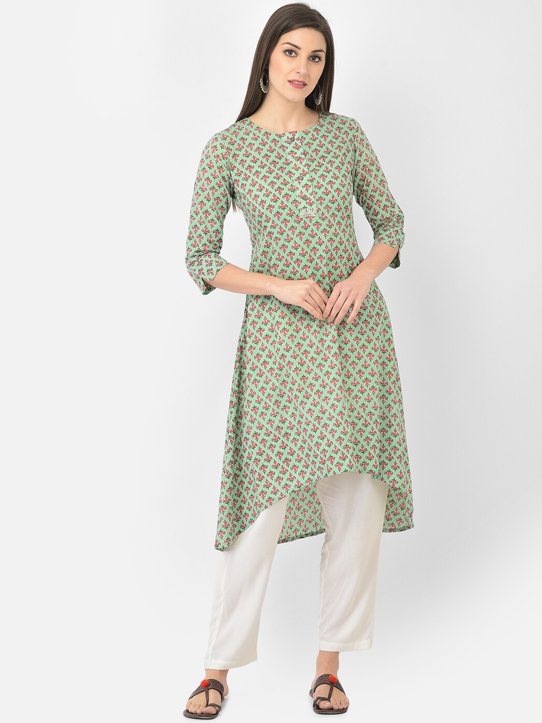 

Span Ethnic Motifs Printed Round Neck Pure Cotton A-Line Kurta, Green