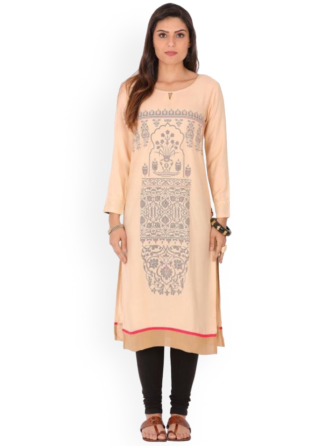 

Span Ethnic Motifs Printed Keyhole Neck Kurta, Beige