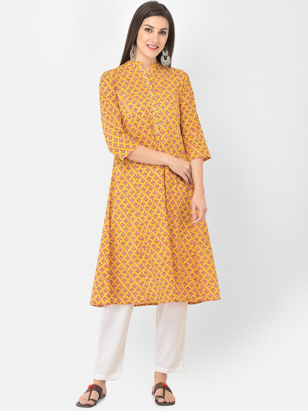 

Span Ethnic Motifs Printed Band Collar Pure Cotton A-Line Kurta, Yellow