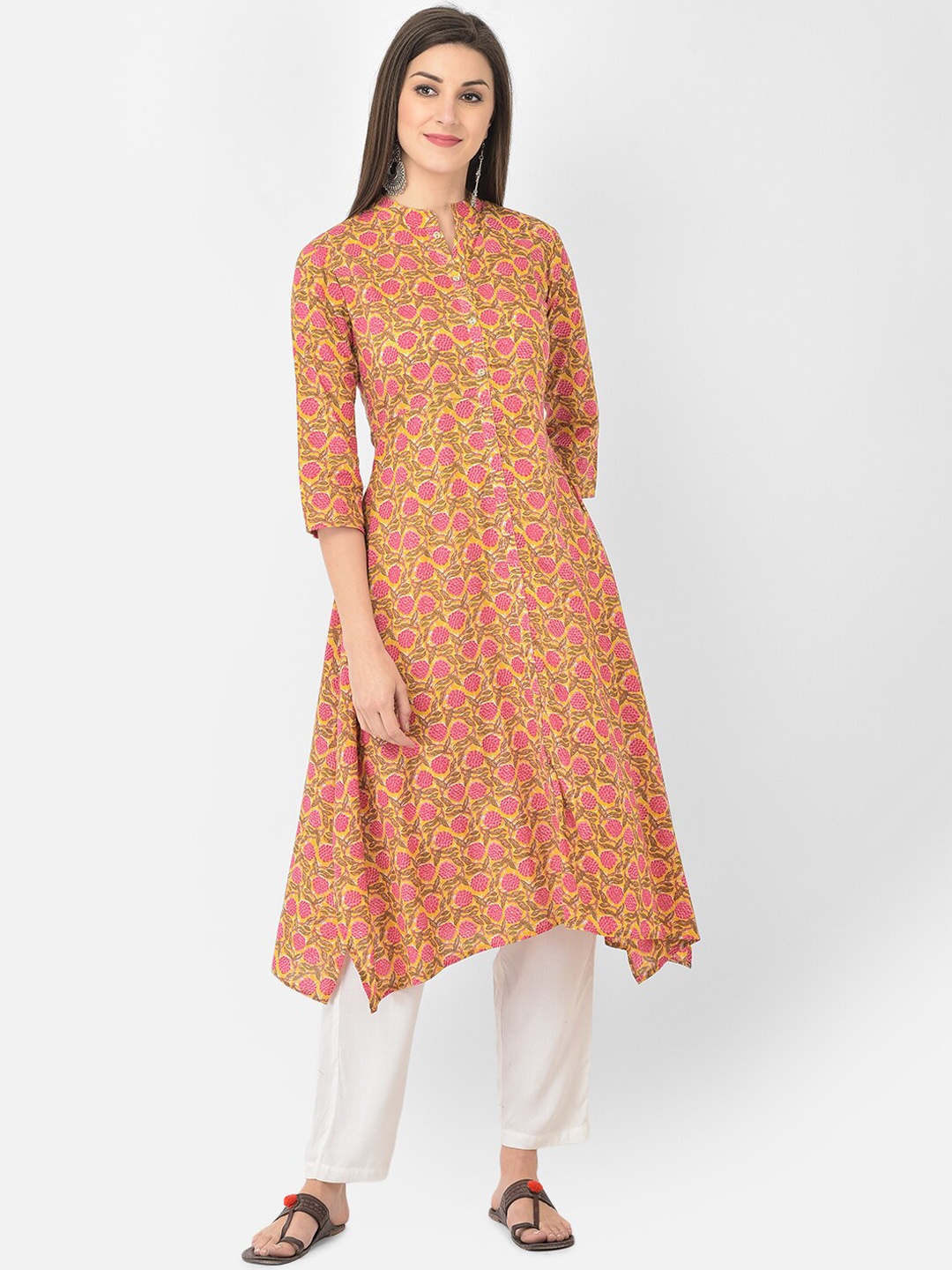 

Span Ethnic Motifs Printed Mandarin Collar Pure Cotton A-Line Kurta, Yellow