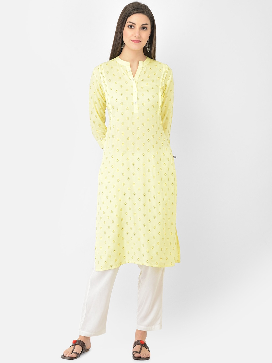 

Span Band Collar Ethnic Motifs Printed Pleated Straight Kurta, Yellow