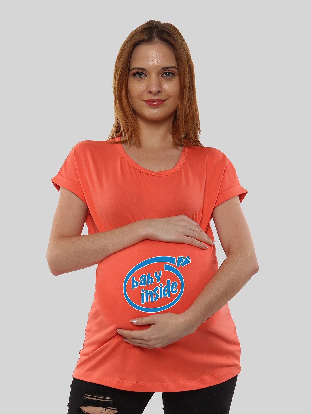 

SillyBoom Typography Printed Extended Sleeves Cotton Maternity T-shirt, Orange