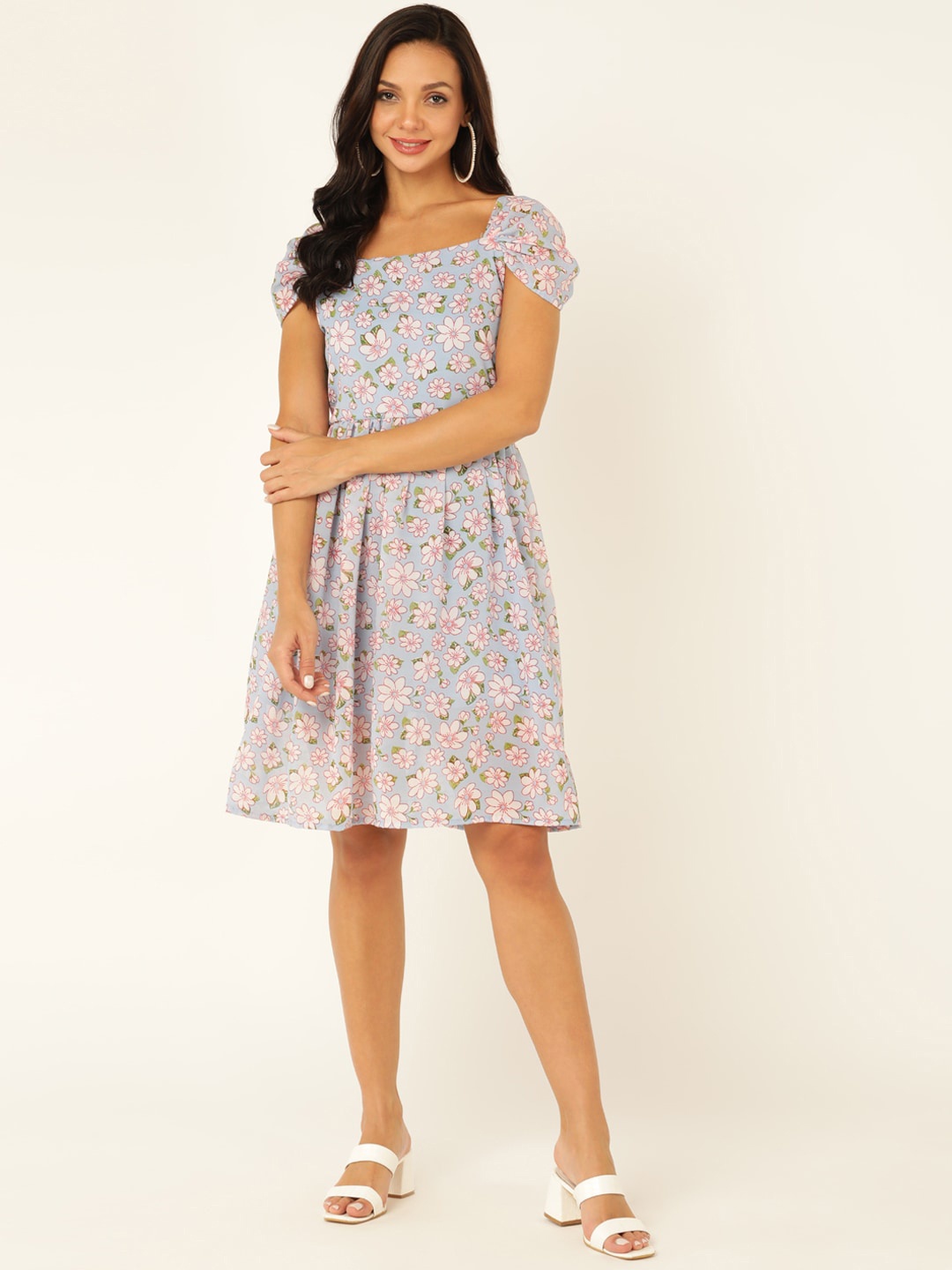 

DODO & MOA Square Neck Printed Georgette Dress, Grey