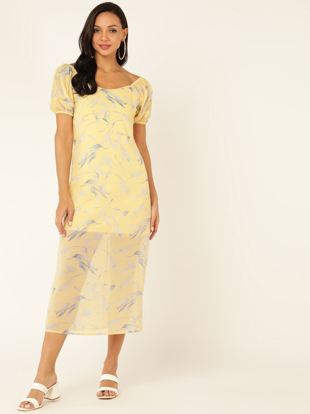 

DODO & MOA Floral Printed Puff Sleeves A-Line Midi Dress, Yellow